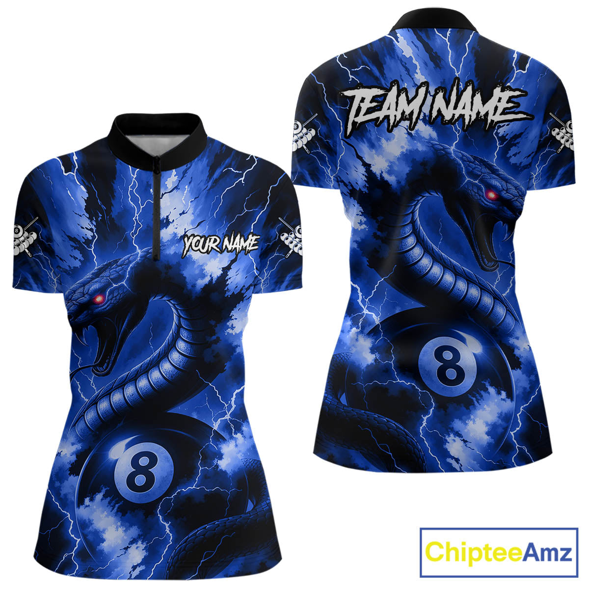 Blue 8 Ball Thunder Lightning Cobra Snake Billiard Shirt For Women Custom Billiard League Pool Jersey TDM4839