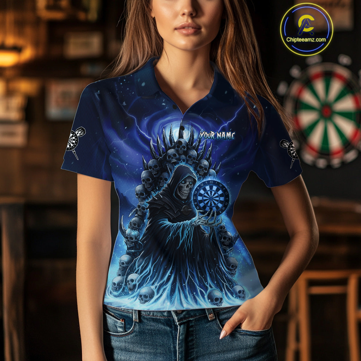 Personalized Blue Grim Reaper Darts Jersey For Women Custom Skull Dart Team Polo & Quarter Zip Shirt TDM5058