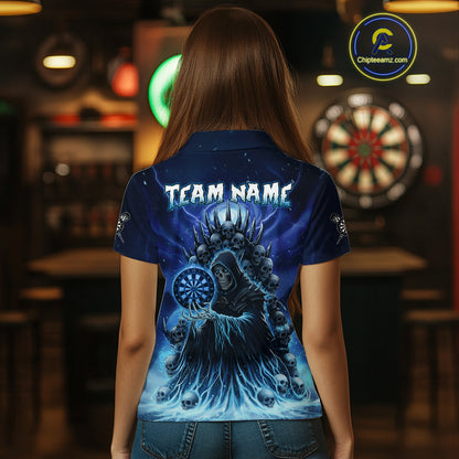 Personalized Blue Grim Reaper Darts Jersey For Women Custom Skull Dart Team Polo & Quarter Zip Shirt TDM5058