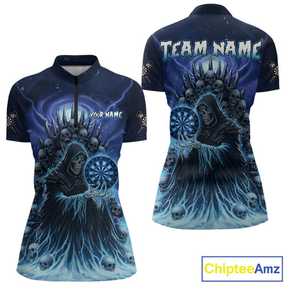 Personalized Blue Grim Reaper Darts Jersey For Women Custom Skull Dart Team Polo & Quarter Zip Shirt TDM5058