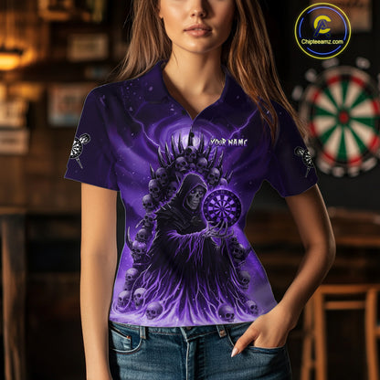Personalized Purple Grim Reaper Darts Jersey For Women Custom Skull Darts Team Polo & Quarter Zip  TDM5059