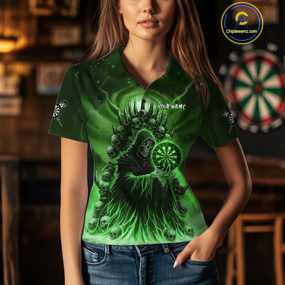 Personalized Green Grim Reaper Darts Jersey For Women Custom Skull Darts Team Polo & Quarter Zip  TDM5060