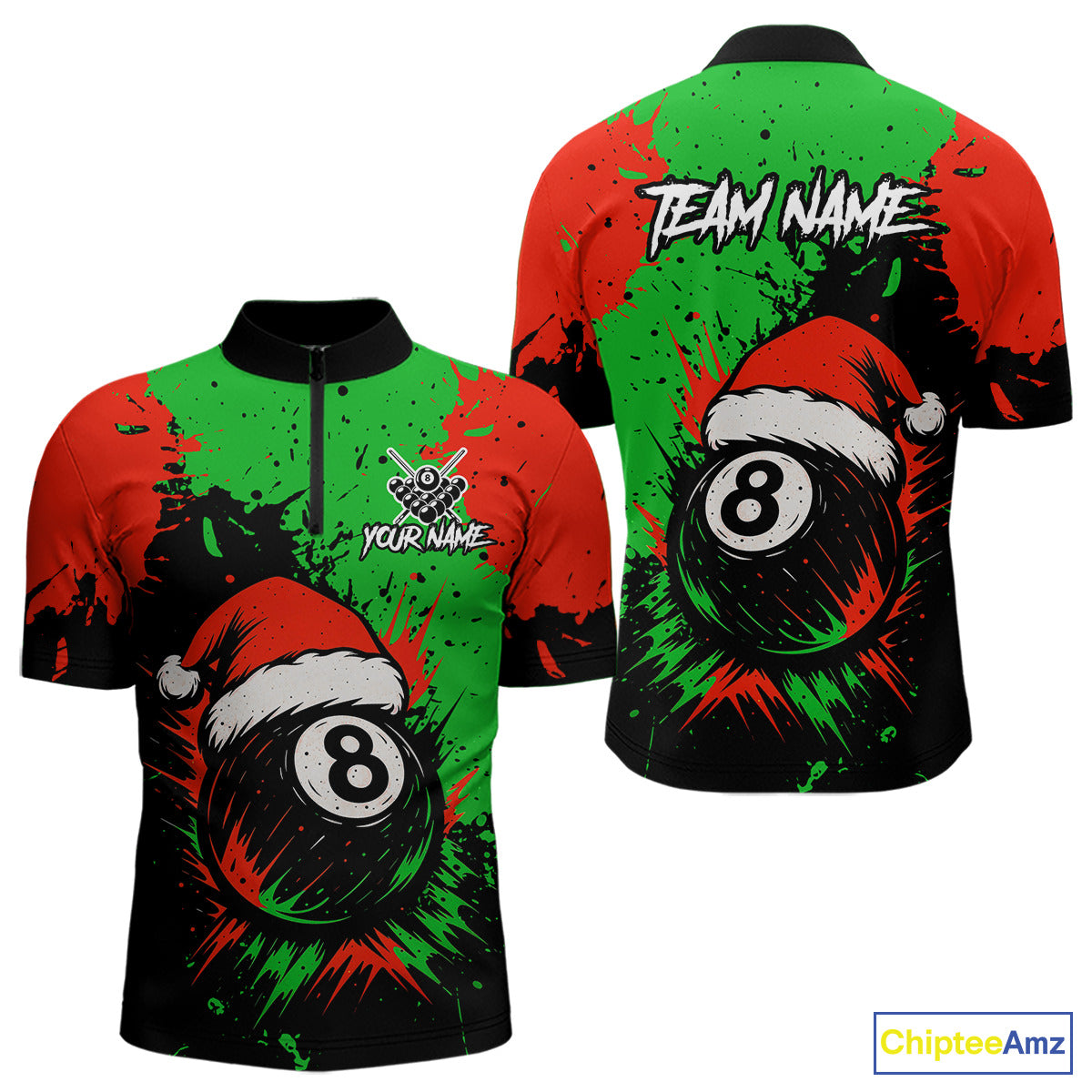 Green & Red Splash Santa Christmas 8 Ball Billiard Shirt For Men Custom Xmas Gift For Pool Player TDM4846