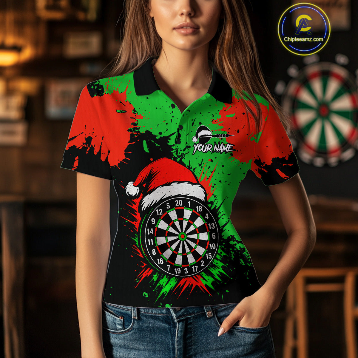 Funny Green And Red Splash Santa Christmas Darts Shirt For Women Custom Xmas Gifts Darts Jersey TDM4847