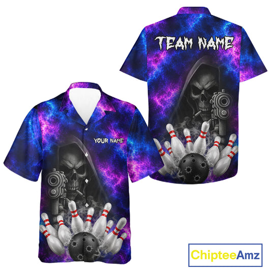Blue And Purple Grim Reaper Galaxy Bowling Hawaiian Shirt Custom Bowling Button-Up Team Jersey TDM7624