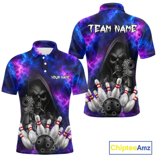 Blue And Purple Grim Reaper Galaxy Bowling Shirts For Men Custom Bowling Team Jersey Polo, 1/4 Zip TDM7624