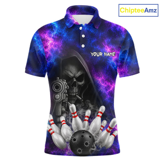 Blue And Purple Grim Reaper Galaxy Bowling Shirts For Men Custom Bowling Team Jersey Polo, 1/4 Zip TDM7624