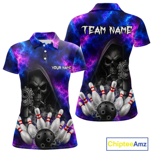 Blue And Purple Grim Reaper Galaxy Bowling Shirts For Women Custom Bowling Team Jersey Polo, 1/4 Zip TDM7624