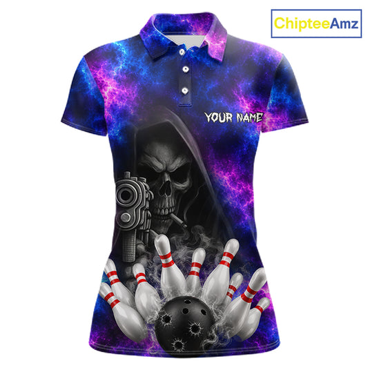 Blue And Purple Grim Reaper Galaxy Bowling Shirts For Women Custom Bowling Team Jersey Polo, 1/4 Zip TDM7624
