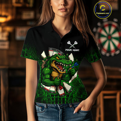Black And Green Funny Alligator Darts Shirt For Women Custom Darts Jersey Team Polo & 1/4 Zip TDM4877