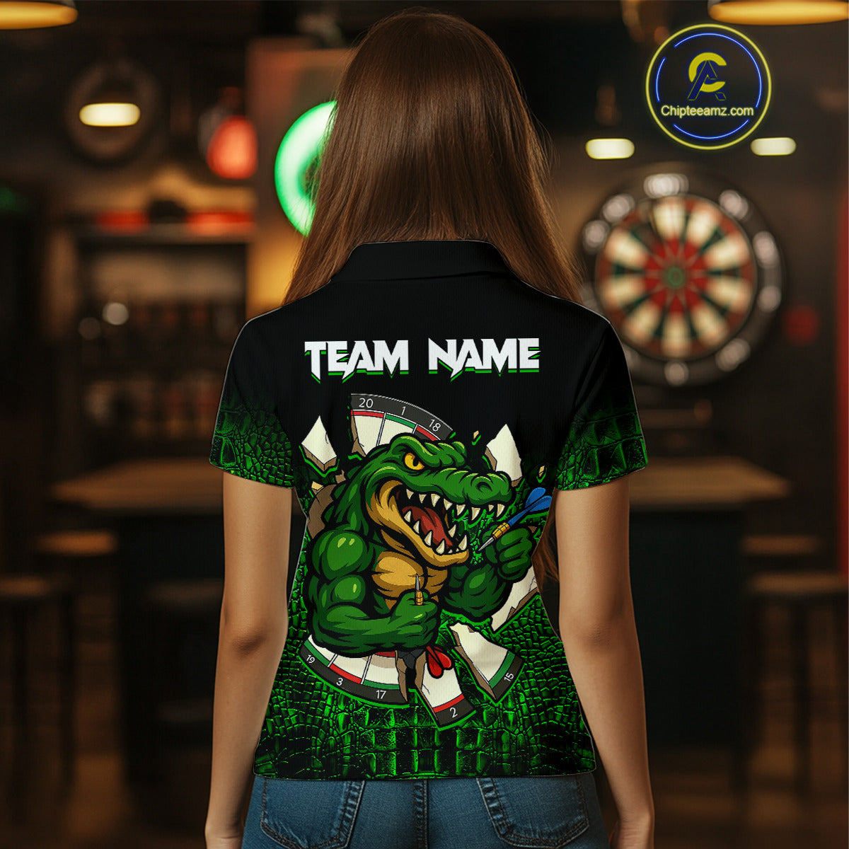 Black And Green Funny Alligator Darts Shirt For Women Custom Darts Jersey Team Polo & 1/4 Zip TDM4877