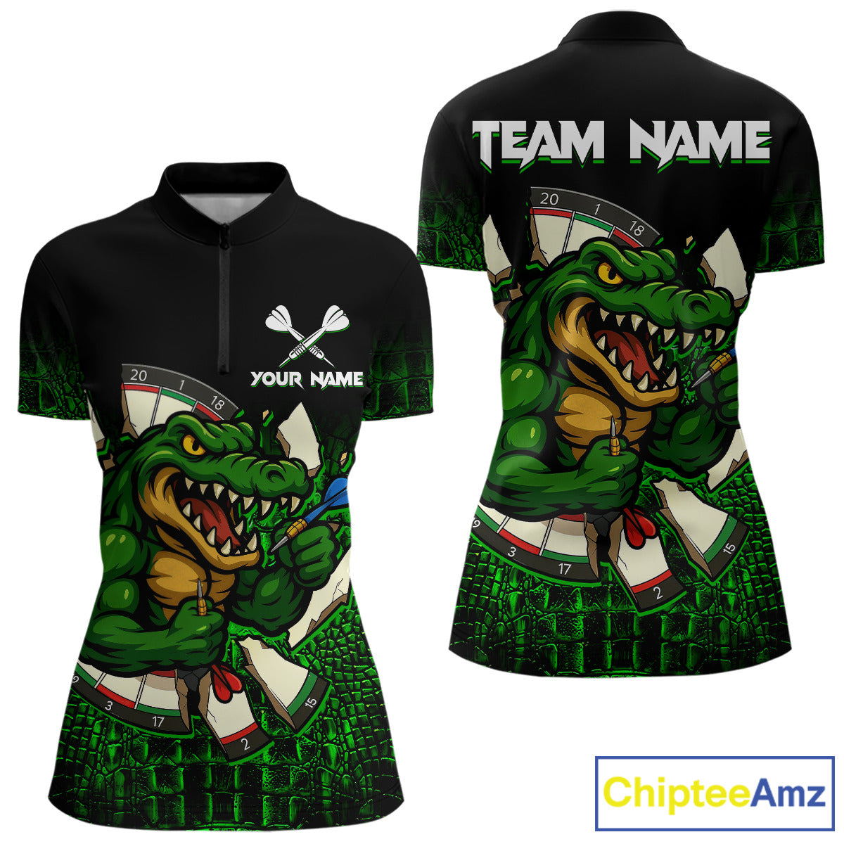 Black And Green Funny Alligator Darts Shirt For Women Custom Darts Jersey Team Polo & 1/4 Zip TDM4877