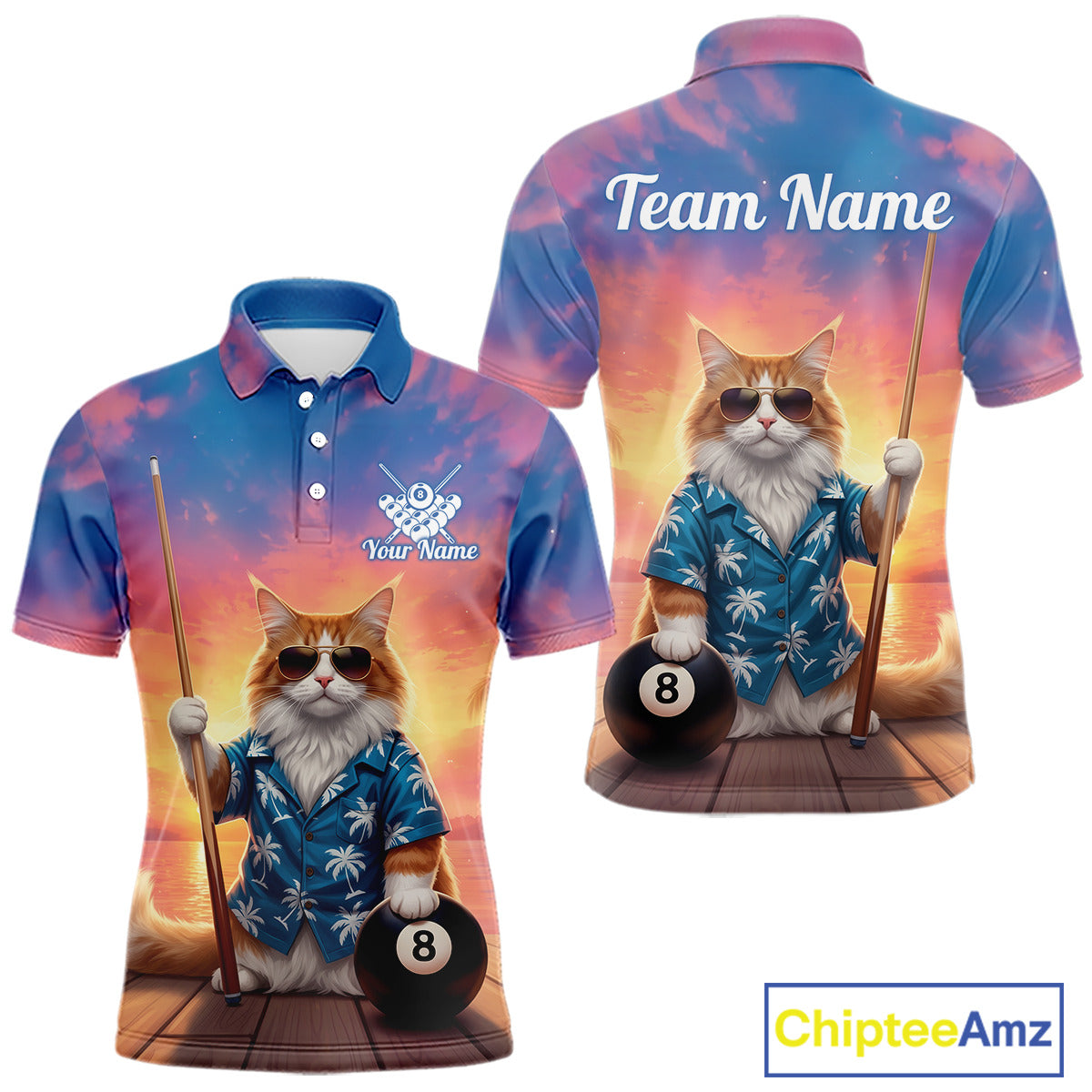 Personalized Funny Cat Sunset Billiard Shirt For Men Custom 8 Ball Pool Team Jersey Polo & 1/4 Zip TDM6414