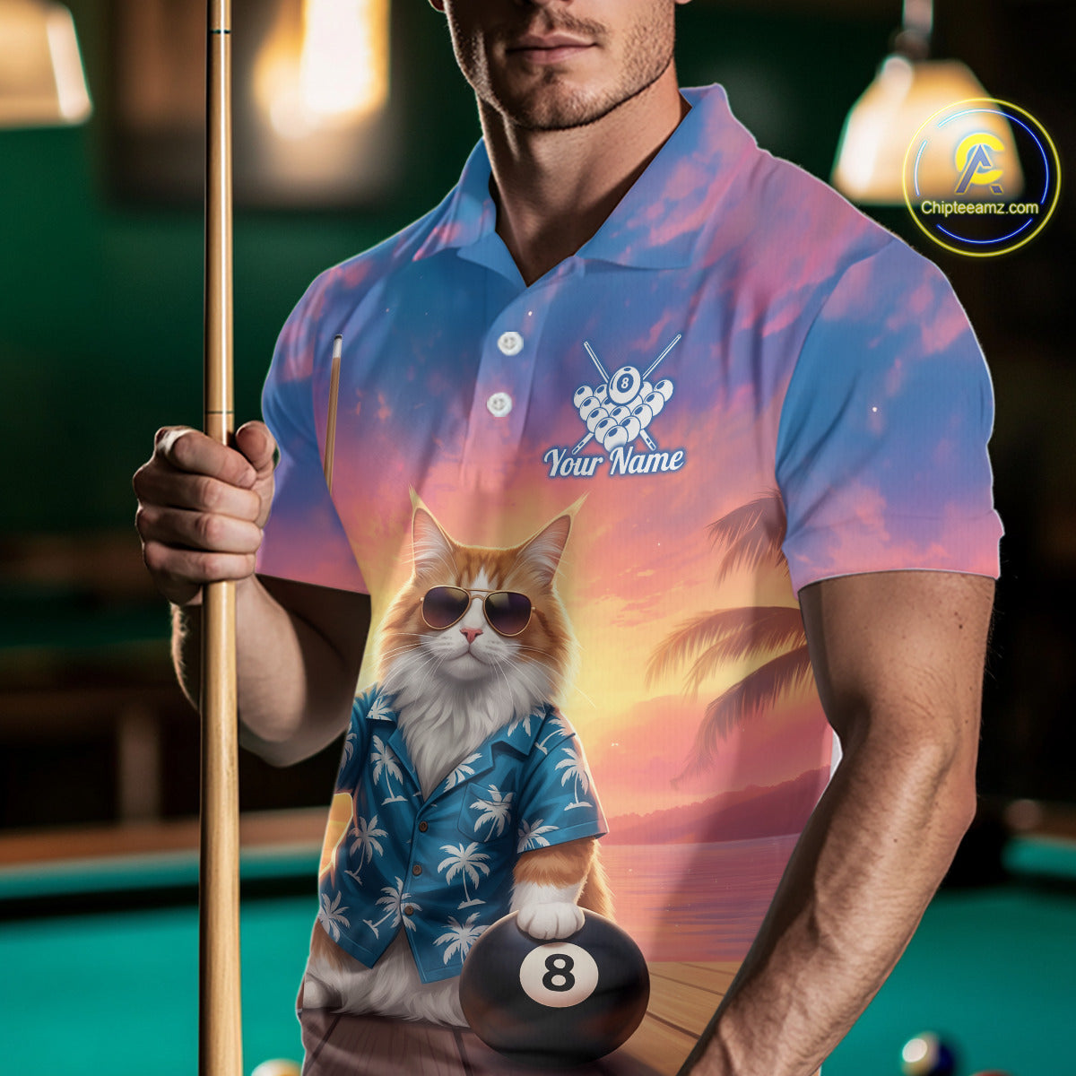 Personalized Funny Cat Sunset Billiard Shirt For Men Custom 8 Ball Pool Team Jersey Polo & 1/4 Zip TDM6414