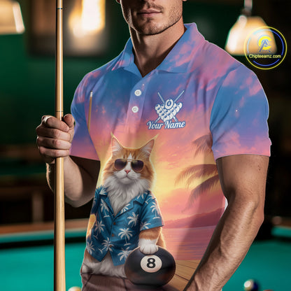Personalized Funny Cat Sunset Billiard Shirt For Men Custom 8 Ball Pool Team Jersey Polo & 1/4 Zip TDM6414