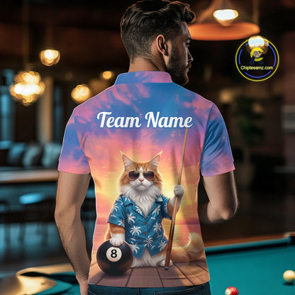 Personalized Funny Cat Sunset Billiard Shirt For Men Custom 8 Ball Pool Team Jersey Polo & 1/4 Zip TDM6414
