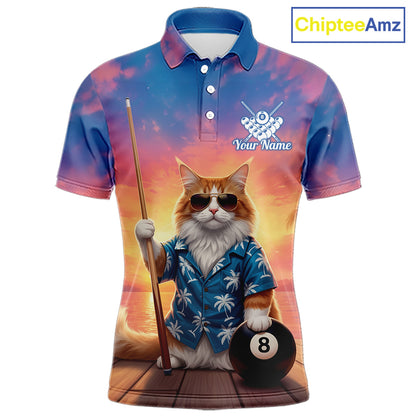 Personalized Funny Cat Sunset Billiard Shirt For Men Custom 8 Ball Pool Team Jersey Polo & 1/4 Zip TDM6414