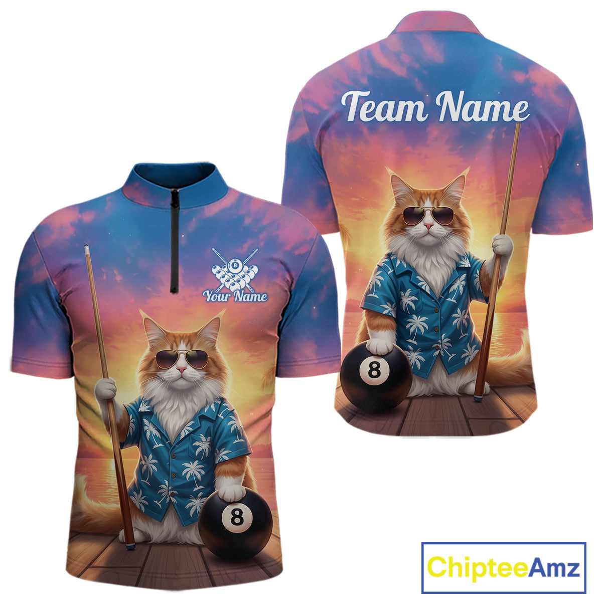 Personalized Funny Cat Sunset Billiard Shirt For Men Custom 8 Ball Pool Team Jersey Polo & 1/4 Zip TDM6414