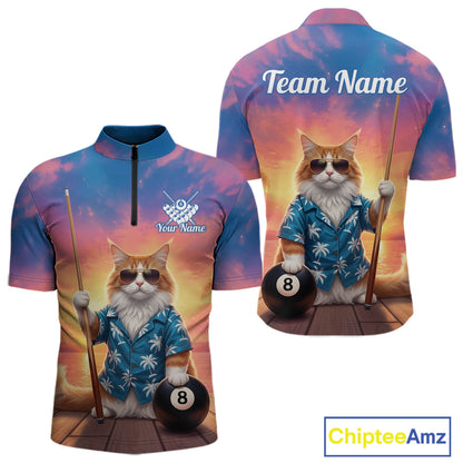Personalized Funny Cat Sunset Billiard Shirt For Men Custom 8 Ball Pool Team Jersey Polo & 1/4 Zip TDM6414