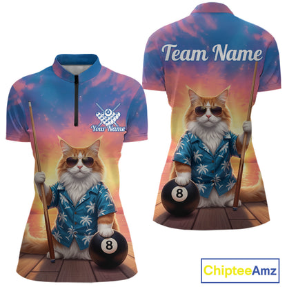 Personalized Funny Cat Sunset Billiard Shirt For Women Custom 8 Ball Pool Team Jersey Polo & 1/4 Zip TDM6414
