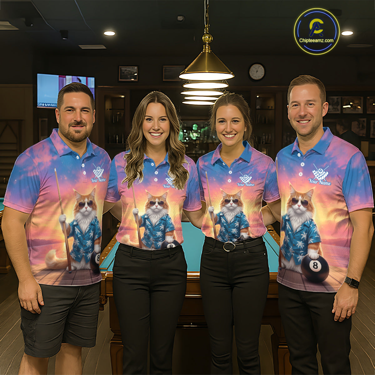 Personalized Funny Cat Sunset Billiard Shirt For Women Custom 8 Ball Pool Team Jersey Polo & 1/4 Zip TDM6414