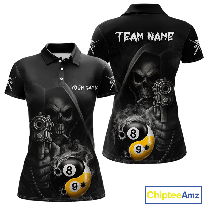 Custom Grim Reaper Yin Yang 8 Ball 9 Ball Smoke Black Pool Polo Shirt Designed for Personalized Billiard Team Jerseys with Premium Athletic Performance and Gothic Artwork