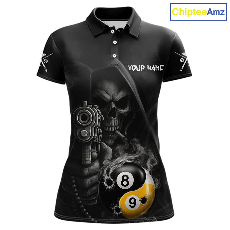 Grim Reaper 8 Ball 9 Ball Yin Yang Smoke Black Billiard Polo Shirt Featuring a Dark Gothic Design for Pool League Players, Team Competition, and Tournament Events