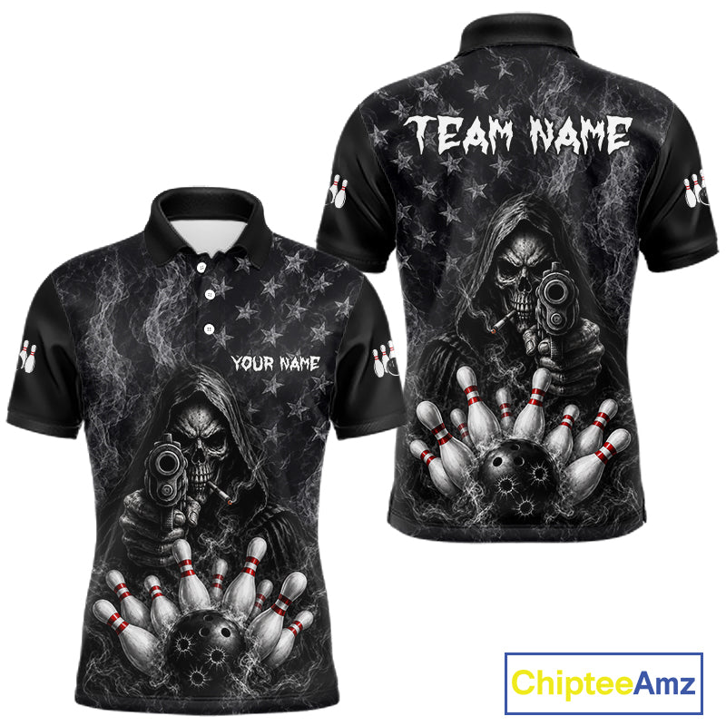 Funny Grim Reaper Smoke American Flag Bowling Shirts For Men Custom Black Bowling Team Jersey TDM7357