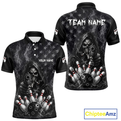Funny Grim Reaper Smoke American Flag Bowling Shirts For Men Custom Black Bowling Team Jersey TDM7357