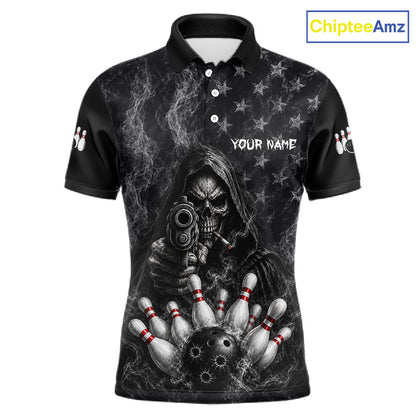 Funny Grim Reaper Smoke American Flag Bowling Shirts For Men Custom Black Bowling Team Jersey TDM7357