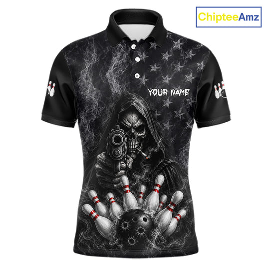 Funny Grim Reaper Smoke American Flag Bowling Shirts For Men Custom Black Bowling Team Jersey TDM7357