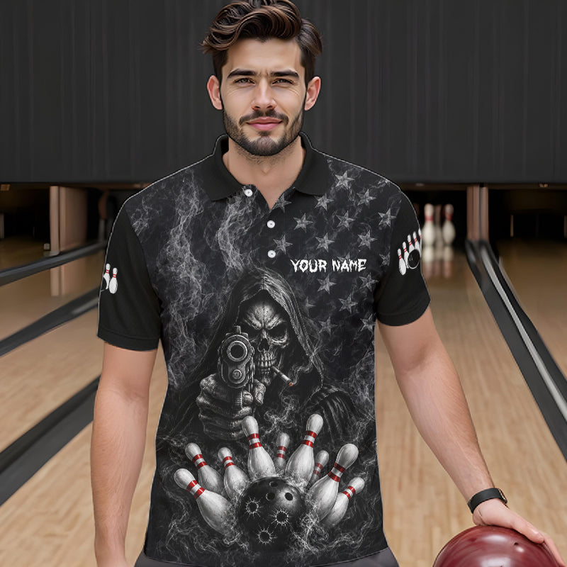 Funny Grim Reaper Smoke American Flag Bowling Shirts For Men Custom Black Bowling Team Jersey TDM7357