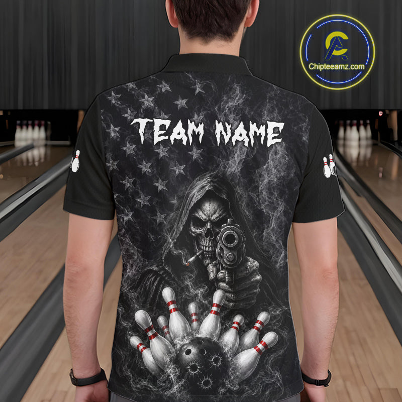 Funny Grim Reaper Smoke American Flag Bowling Shirts For Men Custom Black Bowling Team Jersey TDM7357