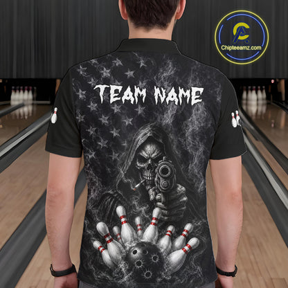 Funny Grim Reaper Smoke American Flag Bowling Shirts For Men Custom Black Bowling Team Jersey TDM7357