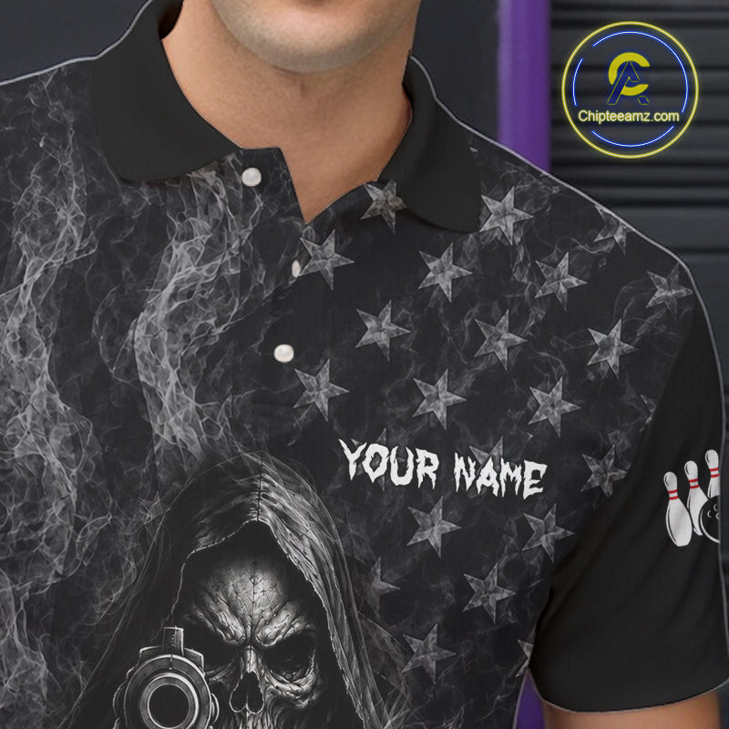 Funny Grim Reaper Smoke American Flag Bowling Shirts For Men Custom Black Bowling Team Jersey TDM7357