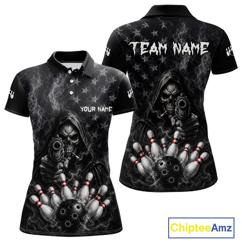 Funny Grim Reaper Smoke American Flag Bowling Shirts For Women Custom Black Bowling Team Jersey TDM7357