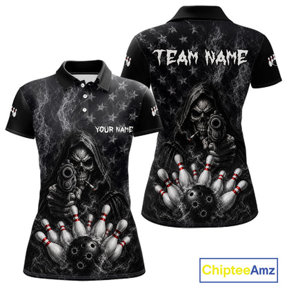 Funny Grim Reaper Smoke American Flag Bowling Shirts For Women Custom Black Bowling Team Jersey TDM7357