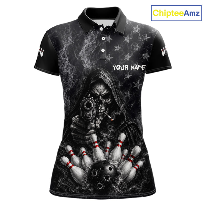 Funny Grim Reaper Smoke American Flag Bowling Shirts For Women Custom Black Bowling Team Jersey TDM7357