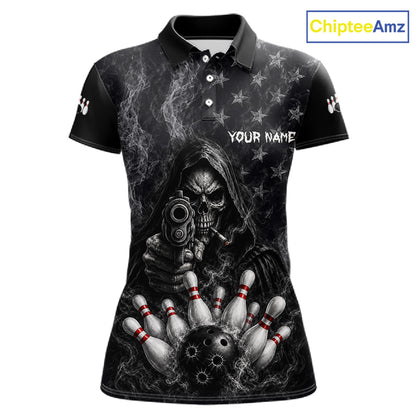 Funny Grim Reaper Smoke American Flag Bowling Shirts For Women Custom Black Bowling Team Jersey TDM7357