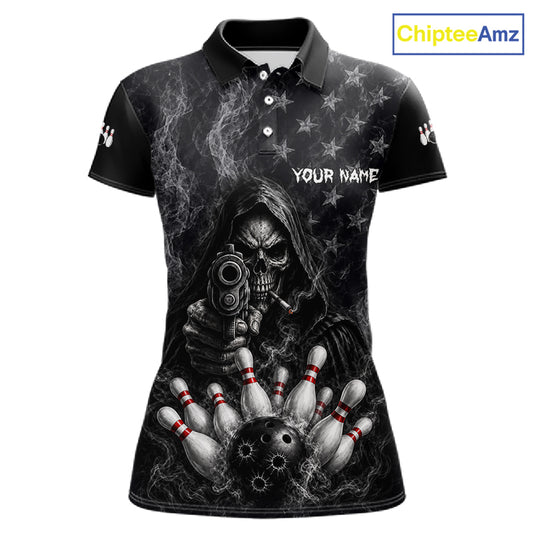 Funny Grim Reaper Smoke American Flag Bowling Shirts For Women Custom Black Bowling Team Jersey TDM7357