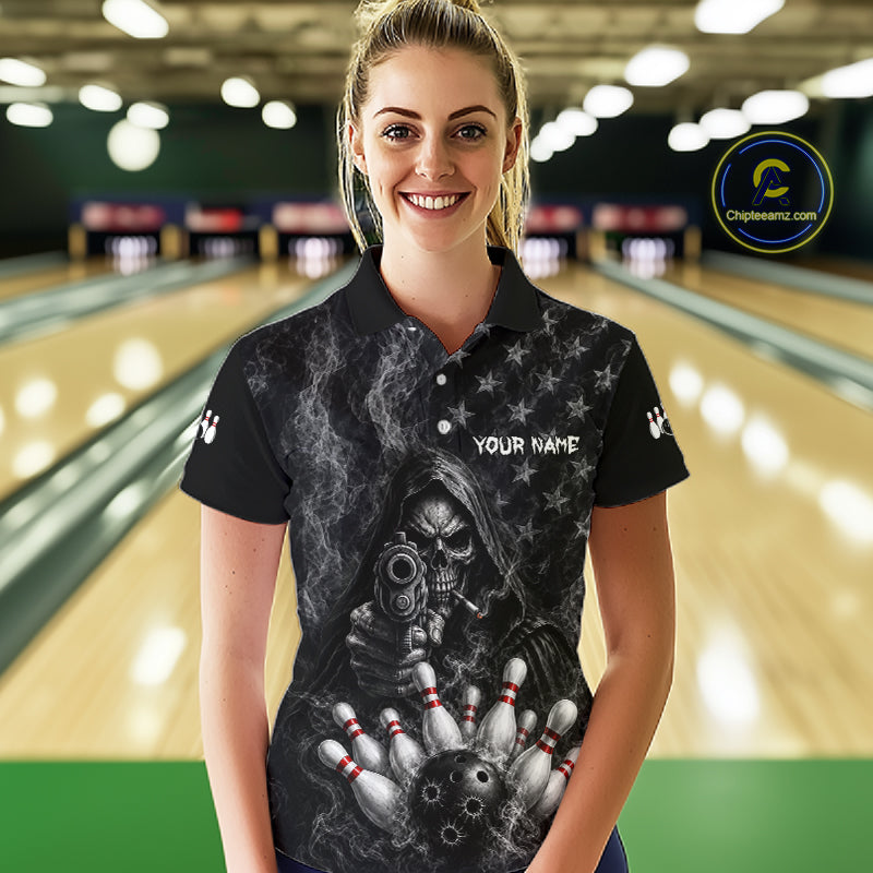 Funny Grim Reaper Smoke American Flag Bowling Shirts For Women Custom Black Bowling Team Jersey TDM7357