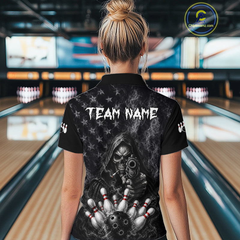 Funny Grim Reaper Smoke American Flag Bowling Shirts For Women Custom Black Bowling Team Jersey TDM7357