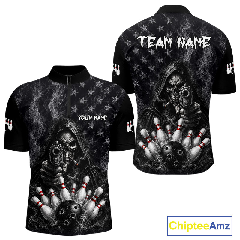 Funny Grim Reaper Smoke American Flag Bowling Shirts For Men Custom Black Bowling Team Jersey TDM7357