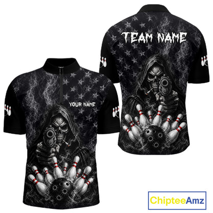 Funny Grim Reaper Smoke American Flag Bowling Shirts For Men Custom Black Bowling Team Jersey TDM7357