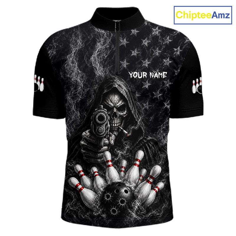 Funny Grim Reaper Smoke American Flag Bowling Shirts For Men Custom Black Bowling Team Jersey TDM7357