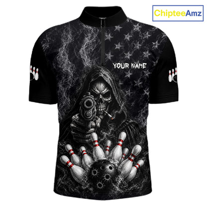 Funny Grim Reaper Smoke American Flag Bowling Shirts For Men Custom Black Bowling Team Jersey TDM7357
