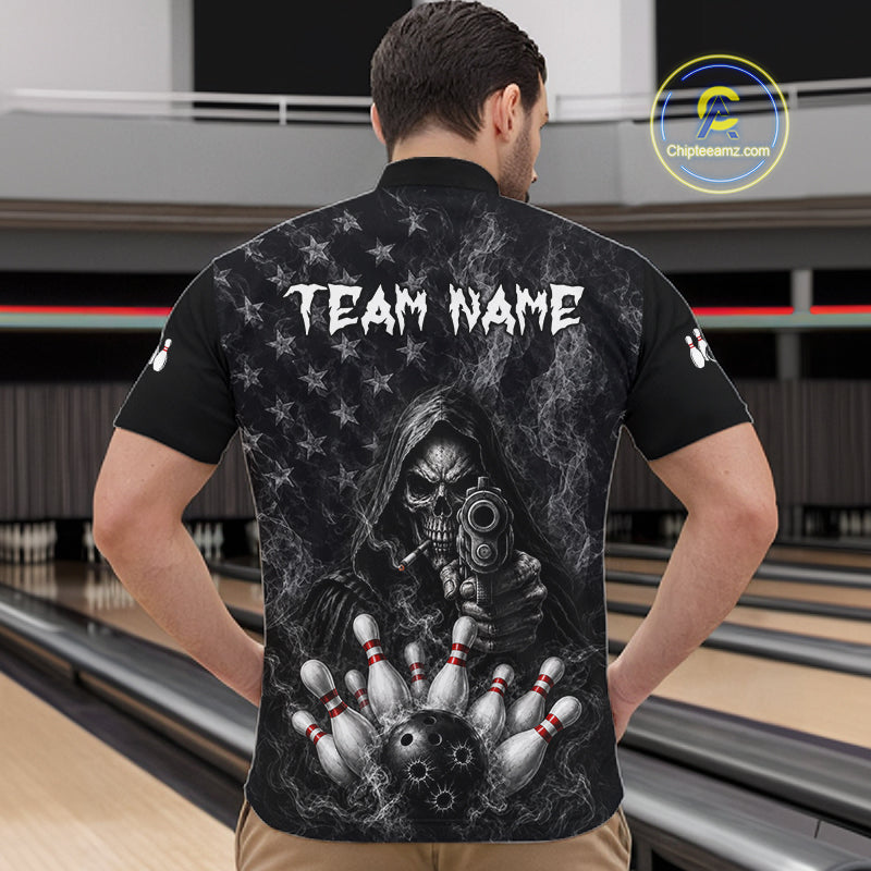 Funny Grim Reaper Smoke American Flag Bowling Shirts For Men Custom Black Bowling Team Jersey TDM7357