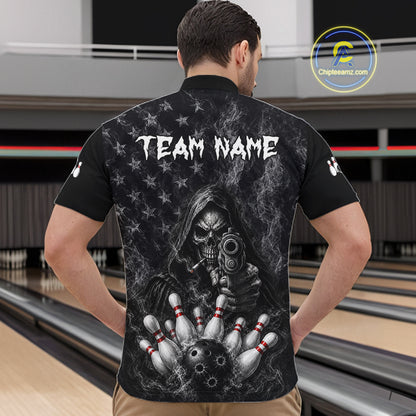 Funny Grim Reaper Smoke American Flag Bowling Shirts For Men Custom Black Bowling Team Jersey TDM7357