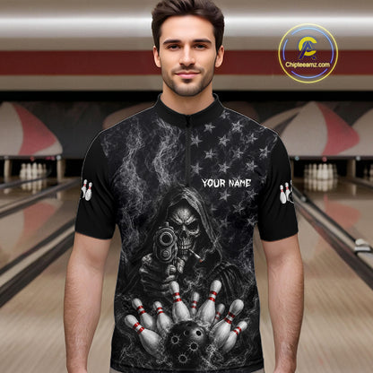 Funny Grim Reaper Smoke American Flag Bowling Shirts For Men Custom Black Bowling Team Jersey TDM7357