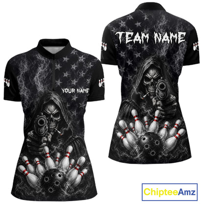 Funny Grim Reaper Smoke American Flag Bowling Shirts For Women Custom Black Bowling Team Jersey TDM7357